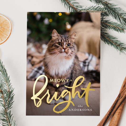 Meowy en Bright Script Kat Foto Folie Feestdagenkaart