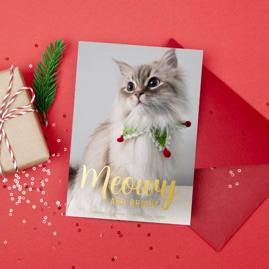 Meowy en helder in goud folie feestdagenkaart