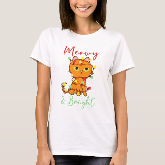 Meowy & Helder oranje kerstboomverlichting T-shirt (Voorkant)