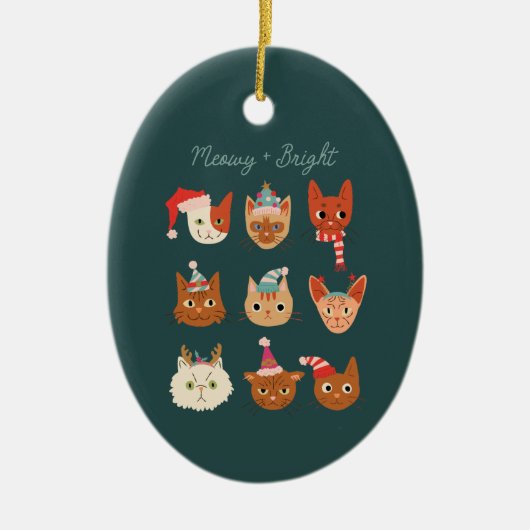 Meowy & Heldergroene Kerstkatten Keramisch Ornament (Voorkant)