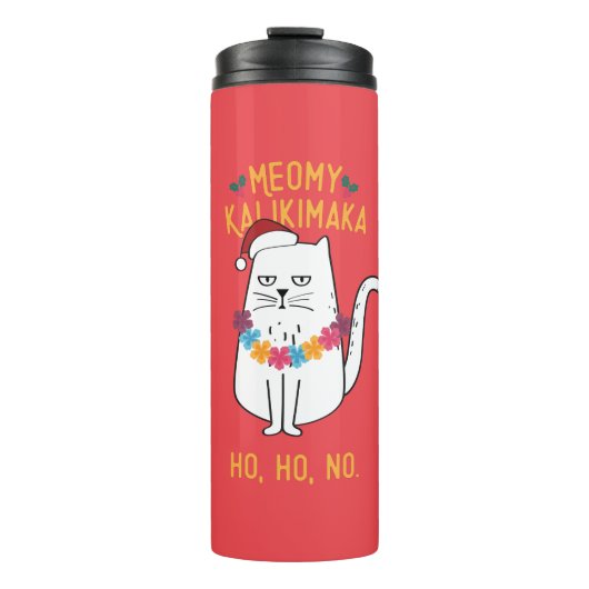 Meowy Kalikimaka Funny Cat Santa Hat Kerstmis Thermosbeker (Voorkant)