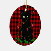 Meowy kat Kerst Rood geruite holly bessen Keramisch Ornament (Rechts)