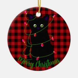 Meowy kat Kerst Rood geruite holly bessen Keramisch Ornament
