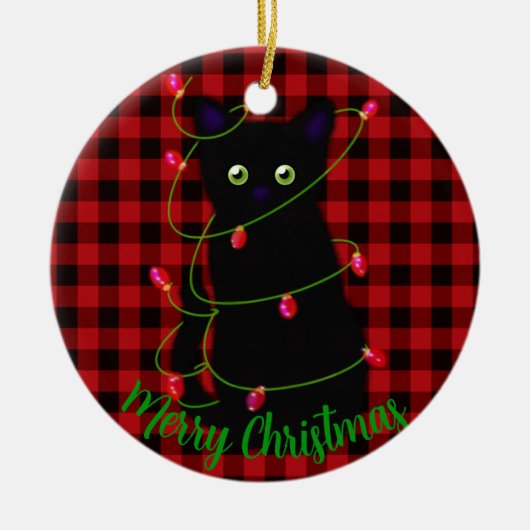 Meowy kat Kerst Rood geruite holly bessen Keramisch Ornament (Voorkant)