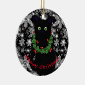Meowy kat Kerst rood groen Holly krans Keramisch Ornament (Rechts)