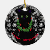 Meowy kat Kerst rood groen Holly krans Keramisch Ornament (Voorkant)