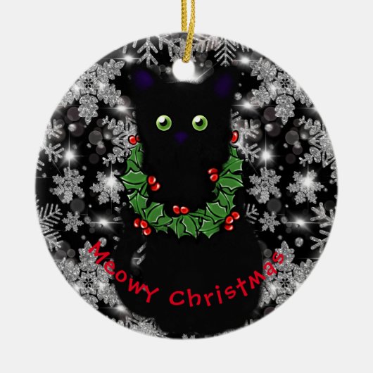 Meowy kat Kerst rood groen Holly krans Keramisch Ornament (Voorkant)