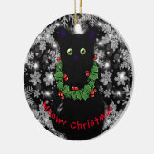 Meowy kat Kerst rood groen Holly krans Keramisch Ornament (Links)