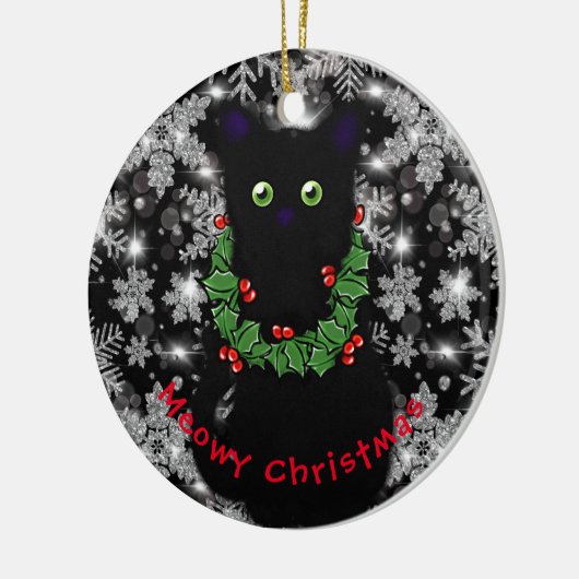 Meowy kat Kerst rood groen Holly krans Keramisch Ornament (Links)