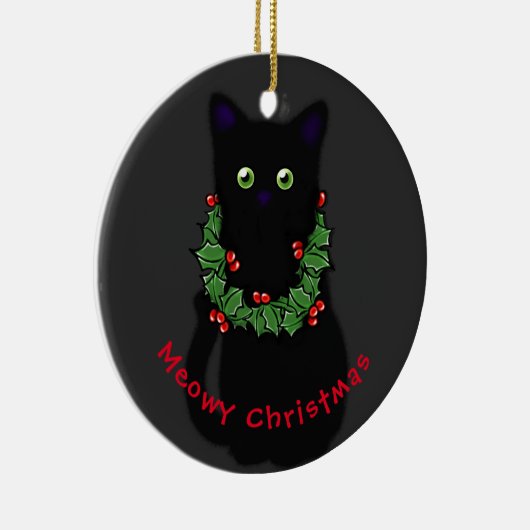 Meowy kat Kerst rood groen hulst krans Keramisch Ornament (Rechts)