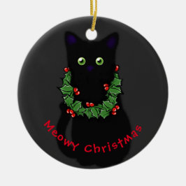 Meowy kat Kerst rood groen hulst krans Keramisch Ornament