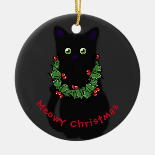 Meowy kat Kerst rood groen hulst krans Keramisch Ornament (Voorkant)