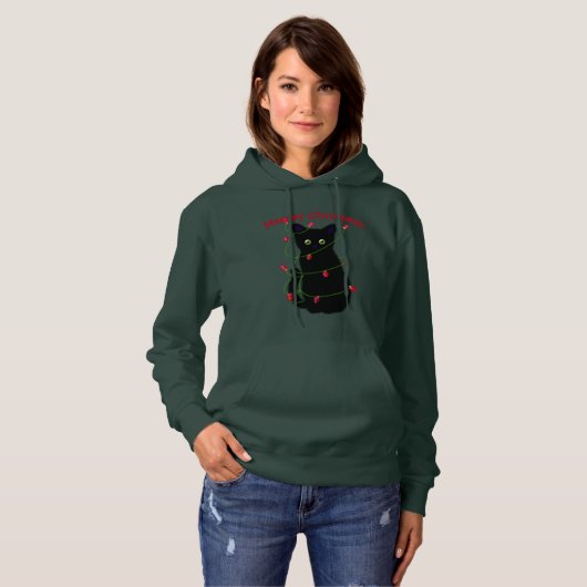 Meowy kat Kerst rood groen twinkel lampjes Hoodie (Voorkant volledig)
