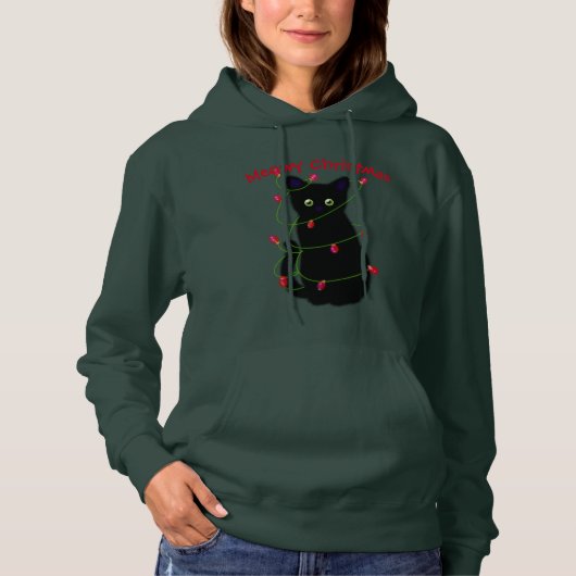 Meowy kat Kerst rood groen twinkel lampjes Hoodie (Voorkant)