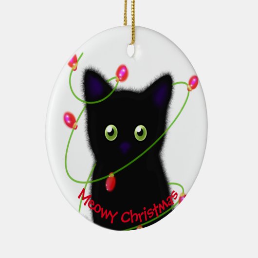 Meowy kat Kerst rood groen twinkel lampjes Keramisch Ornament (Rechts)