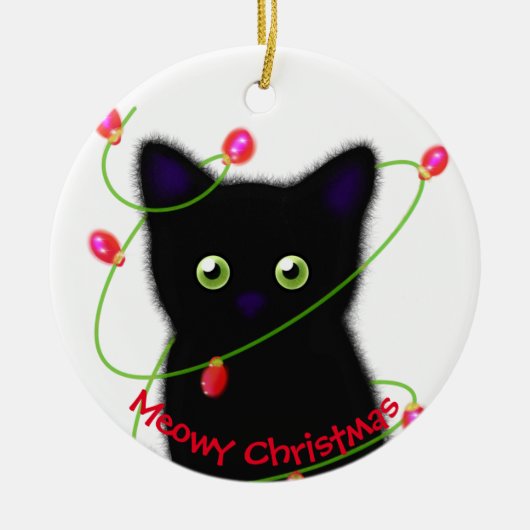 Meowy kat Kerst rood groen twinkel lampjes Keramisch Ornament (Voorkant)