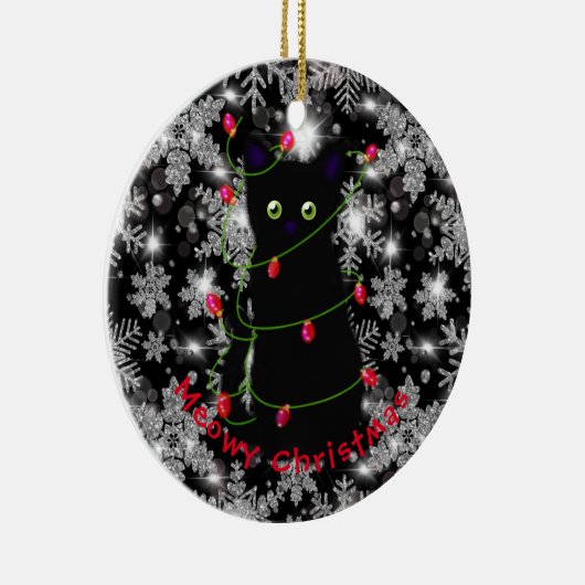 Meowy kat Kerst rood groen twinkel lampjes Keramisch Ornament (Rechts)