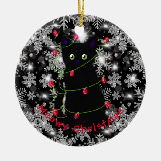 Meowy kat Kerst rood groen twinkel lampjes Keramisch Ornament (Voorkant)