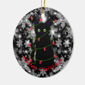 Meowy kat Kerst rood groen twinkel lampjes Keramisch Ornament (Links)