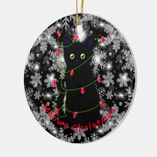 Meowy kat Kerst rood groen twinkel lampjes Keramisch Ornament (Links)