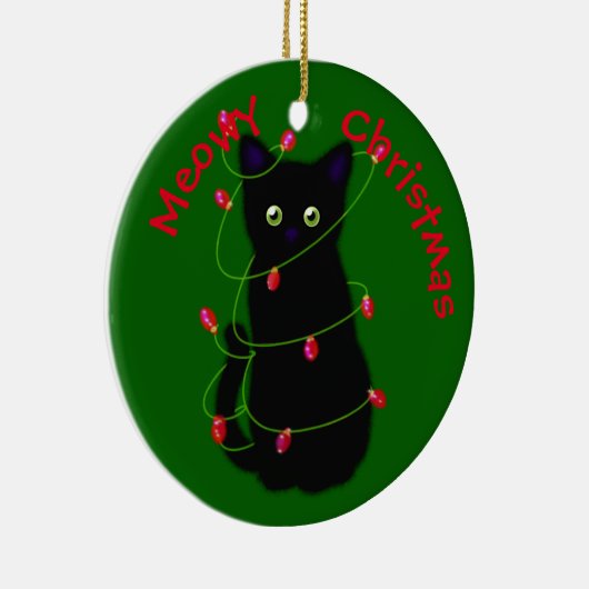 Meowy kat Kerst rood groen twinkel lampjes Keramisch Ornament (Rechts)