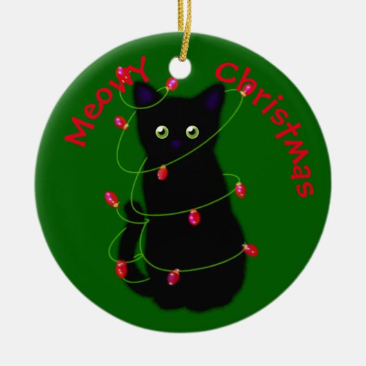 Meowy kat Kerst rood groen twinkel lampjes Keramisch Ornament (Voorkant)
