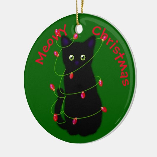 Meowy kat Kerst rood groen twinkel lampjes Keramisch Ornament (Links)