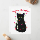 Meowy kat Kerst rood groen twinkel lampjes Notitiekaartje (Voorkant / Achterkant in situ)