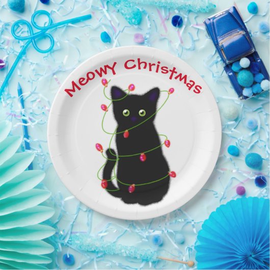 Meowy kat Kerst rood groen twinkel lampjes Papieren Bordje (Feest)