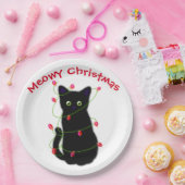Meowy kat Kerst rood groen twinkel lampjes Papieren Bordje (Feest)