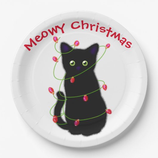 Meowy kat Kerst rood groen twinkel lampjes Papieren Bordje (Voorkant)