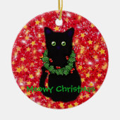 Meowy kat Kerstmis Rode glitter glinstering Keramisch Ornament (Voorkant)