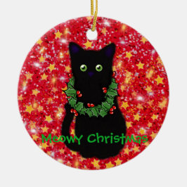 Meowy kat Kerstmis Rode glitter glinstering Keramisch Ornament