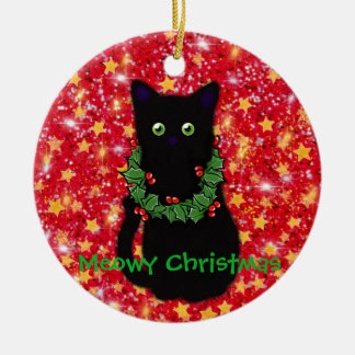 Meowy kat Kerstmis Rode glitter glinstering Keramisch Ornament
