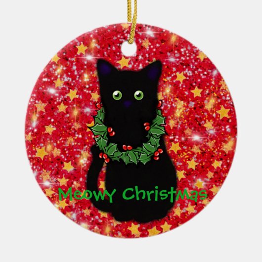 Meowy kat Kerstmis Rode glitter glinstering Keramisch Ornament (Voorkant)