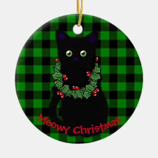 Meowy kat Kerstmis Rode groene kerstkrans Keramisch Ornament (Voorkant)