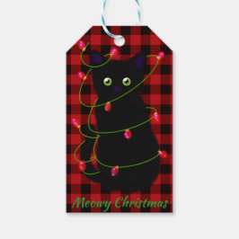 Meowy kat Kerstmis rode twinkle lichten rode plaid Cadeaulabel