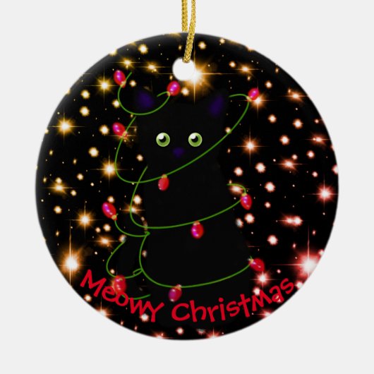Meowy kat Kerstmis Twinkle lichten Keramisch Ornament (Voorkant)