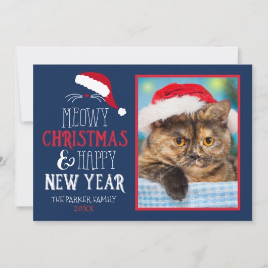 Meowy Kerst en Gelukkig Nieuwjaar Foto Flat Kaart (Voorkant)