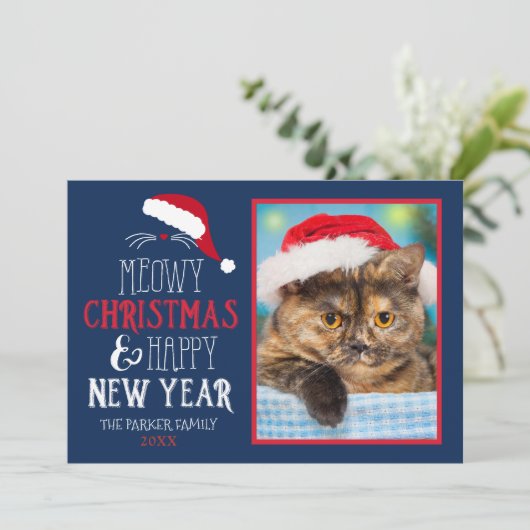 Meowy Kerst en Gelukkig Nieuwjaar Foto Flat Kaart (Staand voorkant)