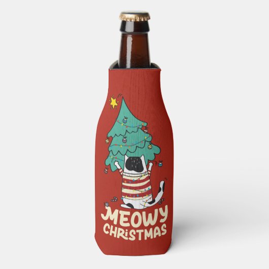 Meowy Kerst Grappige Kat Liefhebber Flesjeskoeler (Fles Voorkant)