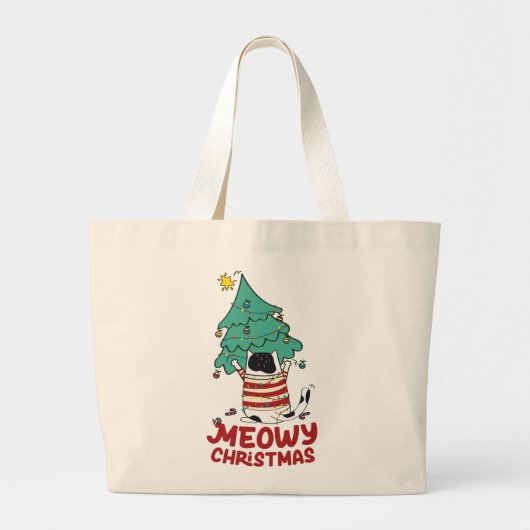 Meowy Kerst Grappige Kat Liefhebber Grote Tote Bag (Voorkant)