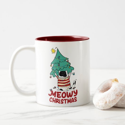 Meowy Kerst Grappige Kat Liefhebber Tweekleurige Koffiemok (Met donut)