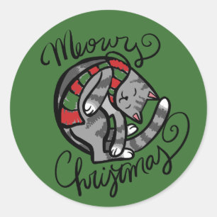 Meowy Kerst Grijze Kat Kunst Ronde Sticker