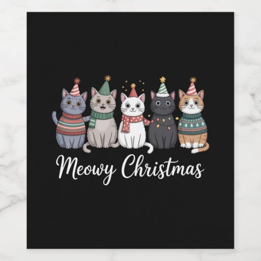 Meowy Kerst Happy Cat Jaar Kat Liefhebber Kerstmis Wijn Etiket (Enkel label)