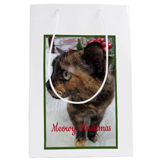 Meowy Kerst Kat Foto en Fractal Sneeuwvlok Medium Cadeauzakje (Voorkant)