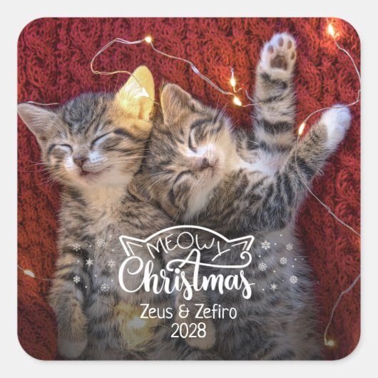 Meowy Kerst leuk kat foto huisdier liefhebber Vierkante Sticker (Voorkant)