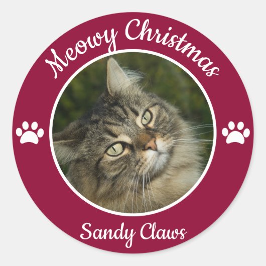 Meowy Kerst Leuke Kat Foto met Naam Paws Ronde Sticker (Voorkant)