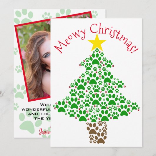 Meowy Kerst Schattige Fun Paw Print Tree Foto Feestdagenkaart (Voorkant / Achterkant)