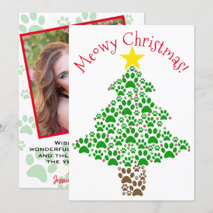 Meowy Kerst Schattige Fun Paw Print Tree Foto Feestdagenkaart